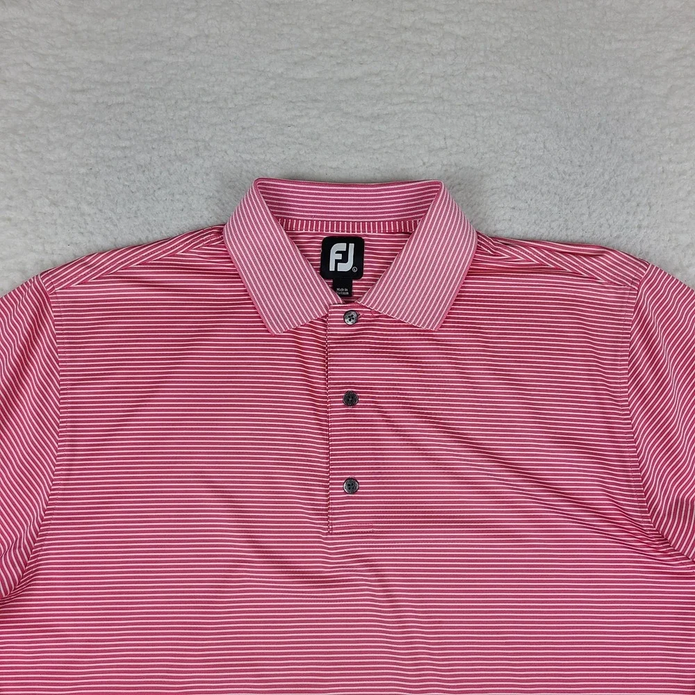 Foot Joy Polo Shirt Mens Large Pink Striped Performance FJ Golf Short Sleeve